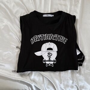 Black Graphic Tee with Chain Detail